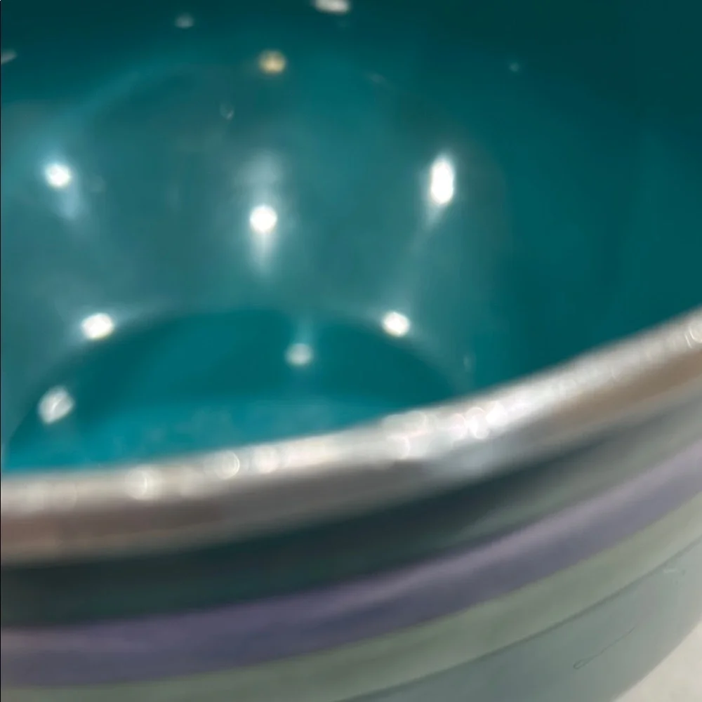 Vintage Teal Enamel Bowl with Silver Rim and Stripes